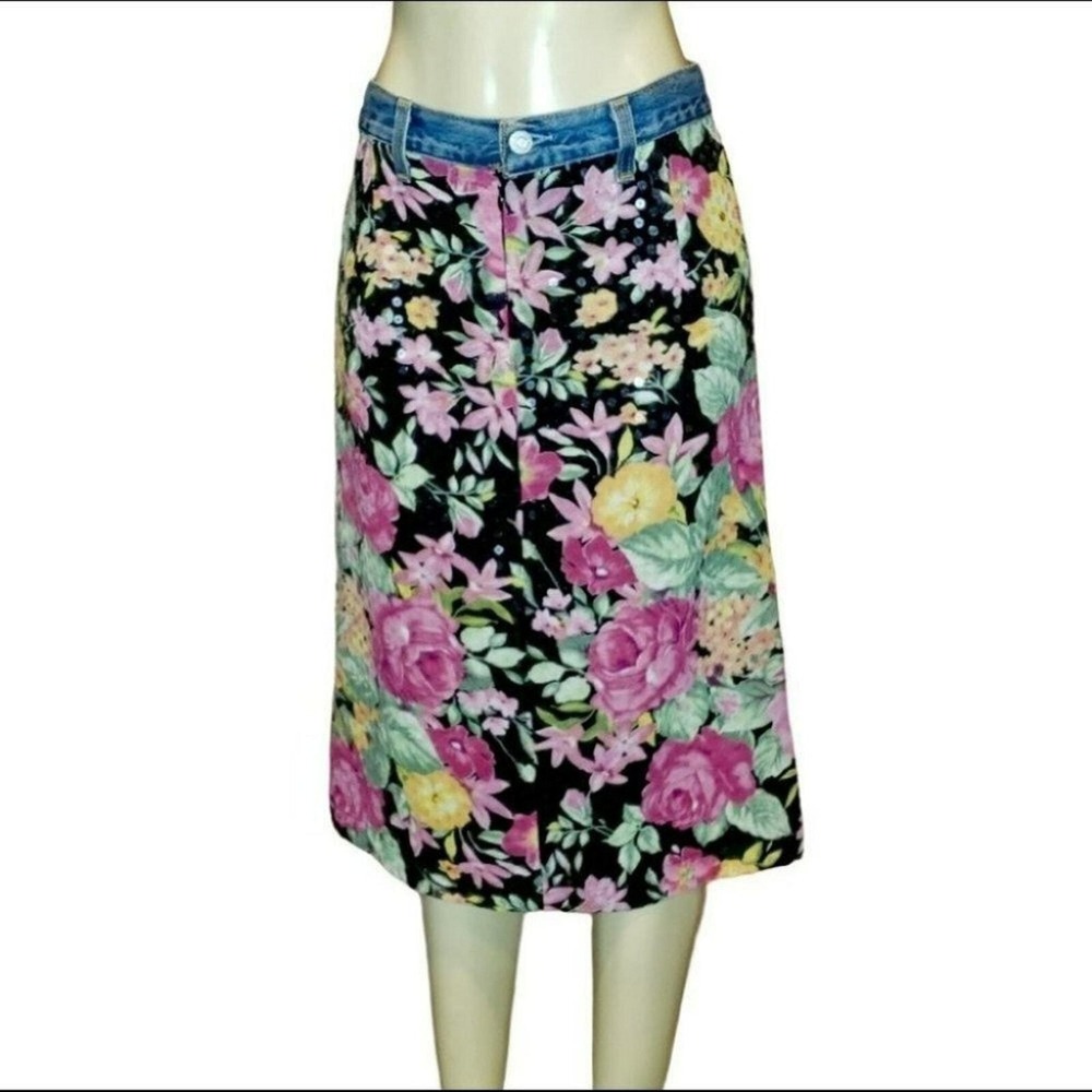 Vtg Ruth Floral Sequin Midi Skirt with Denim Waistband‎ Black Pink Yellow Size M